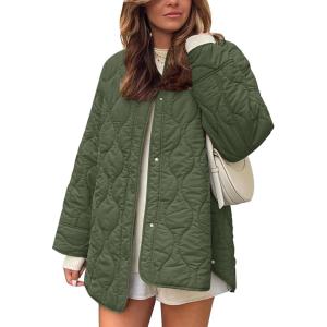 imageFlygo Womens Oversized Quilted Lightweight Jacket Button Down Puffer Padded Outerwear with PocketArmygreen