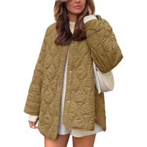 imageFlygo Womens Oversized Quilted Lightweight Jacket Button Down Puffer Padded Outerwear with PocketDarkkhaki