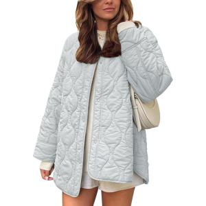 imageFlygo Womens Oversized Quilted Lightweight Jacket Button Down Puffer Padded Outerwear with PocketLightgrey