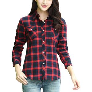imageFlygo Womens Plaid Fleece Shirt Long Sleeve Button Down Flannel Shacket JacketRed Blue