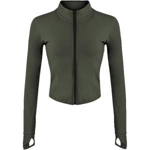 imageFlygo Womens Seamless Slim Full Zip Workout Track Yoga Jacket with Thumb HoleArmygreen
