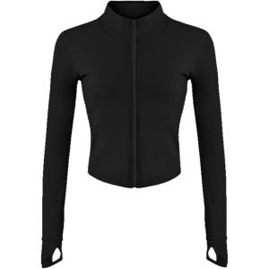 imageFlygo Womens Seamless Slim Full Zip Workout Track Yoga Jacket with Thumb HoleBlack