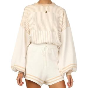 imageFlygo Womens Striped 2 Piece Knit Outfits Casual Long Puff Sleeve Pullover Sweater Shorts SetApricot