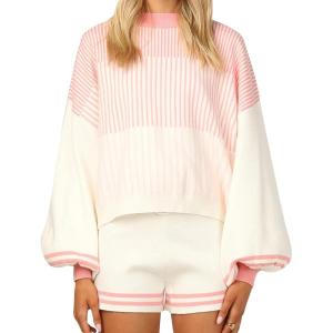 imageFlygo Womens Striped 2 Piece Knit Outfits Casual Long Puff Sleeve Pullover Sweater Shorts SetWhite