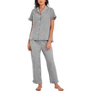 imageFlygo Womens Striped Pajama Sets Cotton Button Down Sleepwear Short Sleeve Top Long Ruffle Pants 2 Piece Pjs Loungewear SetsBlack
