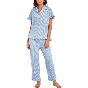imageFlygo Womens Striped Pajama Sets Cotton Button Down Sleepwear Short Sleeve Top Long Ruffle Pants 2 Piece Pjs Loungewear SetsBlue