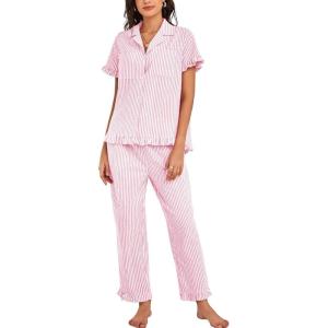 imageFlygo Womens Striped Pajama Sets Cotton Button Down Sleepwear Short Sleeve Top Long Ruffle Pants 2 Piece Pjs Loungewear SetsPink