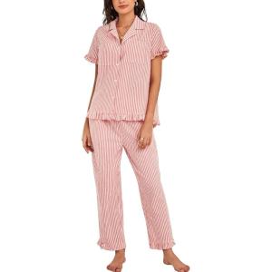 imageFlygo Womens Striped Pajama Sets Cotton Button Down Sleepwear Short Sleeve Top Long Ruffle Pants 2 Piece Pjs Loungewear SetsRed