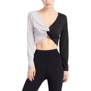 imageFlygo Womens Twist Colorblock Crop Tops Long Sleeve Cute Yoga Workout Running Gym Shirts TopBlackgrey