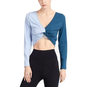 imageFlygo Womens Twist Colorblock Crop Tops Long Sleeve Cute Yoga Workout Running Gym Shirts TopBluegreen
