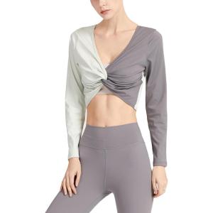 imageFlygo Womens Twist Colorblock Crop Tops Long Sleeve Cute Yoga Workout Running Gym Shirts TopGreengrey