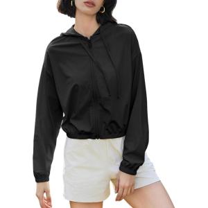 imageFlygo Womens UPF 50 Sun Protection Cropped Athletic Jackets Zip Up Hoodie Running Workout Shirts Outdoor JacketBlack