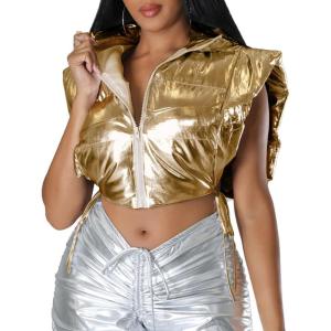 imageFlygo Womens Winter Crop Vest Metallic Quilted Down Vest Sleeveless Puffer Jacket02 Hooded Gold