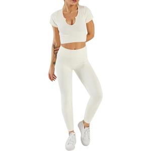 imageFlygo Workout Sets for Women 2 Piece Ribbed Seamless Crop Top High Waist Leggings Set Yoga OutfitsBeige