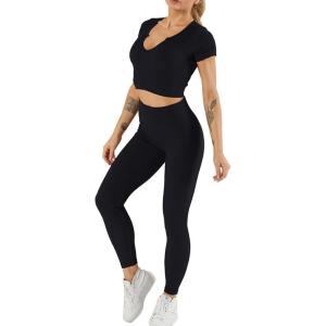 imageFlygo Workout Sets for Women 2 Piece Ribbed Seamless Crop Top High Waist Leggings Set Yoga OutfitsBlack