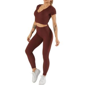 imageFlygo Workout Sets for Women 2 Piece Ribbed Seamless Crop Top High Waist Leggings Set Yoga OutfitsCoffee