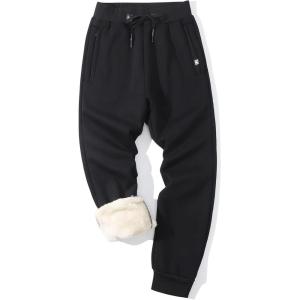 imageMens Winter Heavyweight Warm Jogger Pants Fleece Pants Sherpa Lined Sweatpants Active AthleticBlack