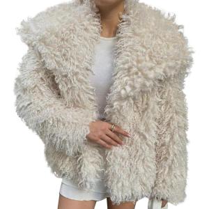 imageFlygo Womens Faux Fur Coat Jacket Fluffy 2025 Winter Jackets Lapel Long Sleeve Loose Shaggy Coats OuterwearBeige