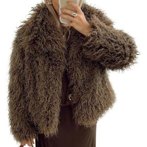 imageFlygo Womens Faux Fur Coat Jacket Fluffy 2025 Winter Jackets Lapel Long Sleeve Loose Shaggy Coats OuterwearBrown