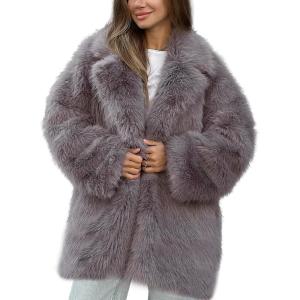 imageFlygo Womens Long Faux Fur Coats Fluffy Faux Fur Jacket Long Sleeve Lapel Furry Coats Fuzzy Winter JacketTaupe