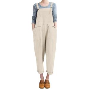 imageFlygo Womens Overalls Cotton Linen Overalls for Women Loose Fit Harem Wide Leg Jumpsuit with PocketsBeige