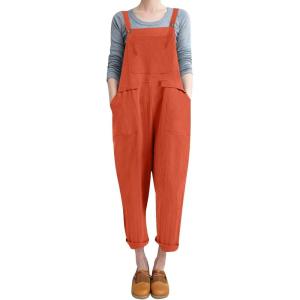 imageFlygo Womens Overalls Cotton Linen Overalls for Women Loose Fit Harem Wide Leg Jumpsuit with PocketsBrickred