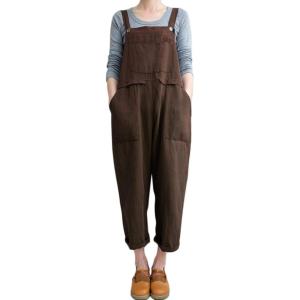 imageFlygo Womens Overalls Cotton Linen Overalls for Women Loose Fit Harem Wide Leg Jumpsuit with PocketsBrown