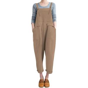 imageFlygo Womens Overalls Cotton Linen Overalls for Women Loose Fit Harem Wide Leg Jumpsuit with PocketsDark Khaki