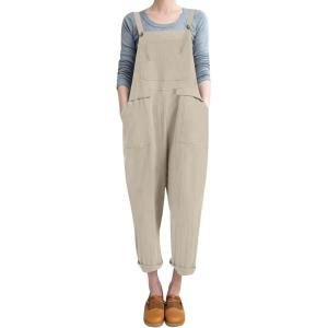 imageFlygo Womens Overalls Cotton Linen Overalls for Women Loose Fit Harem Wide Leg Jumpsuit with PocketsLight Khaki