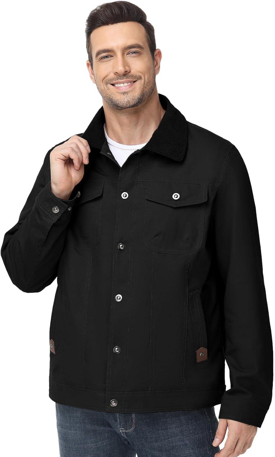 imageFlygo Mens Flannel Lined Shirt Jacket Cotton Corduroy Turndown Collar Snap Button Rugged Cargo Trucker Jacket Multi PocketsBlack