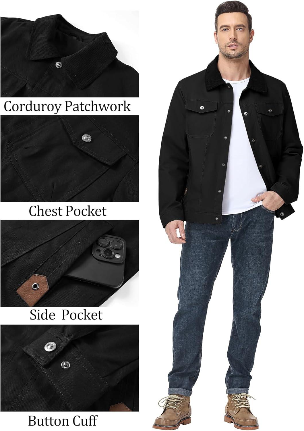 imageFlygo Mens Flannel Lined Shirt Jacket Cotton Corduroy Turndown Collar Snap Button Rugged Cargo Trucker Jacket Multi PocketsBlack