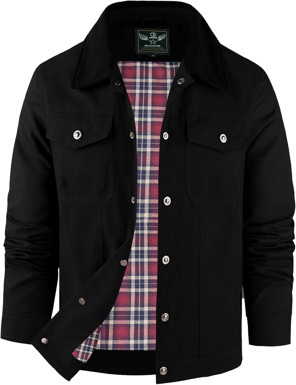 imageFlygo Mens Flannel Lined Shirt Jacket Cotton Corduroy Turndown Collar Snap Button Rugged Cargo Trucker Jacket Multi PocketsBlack