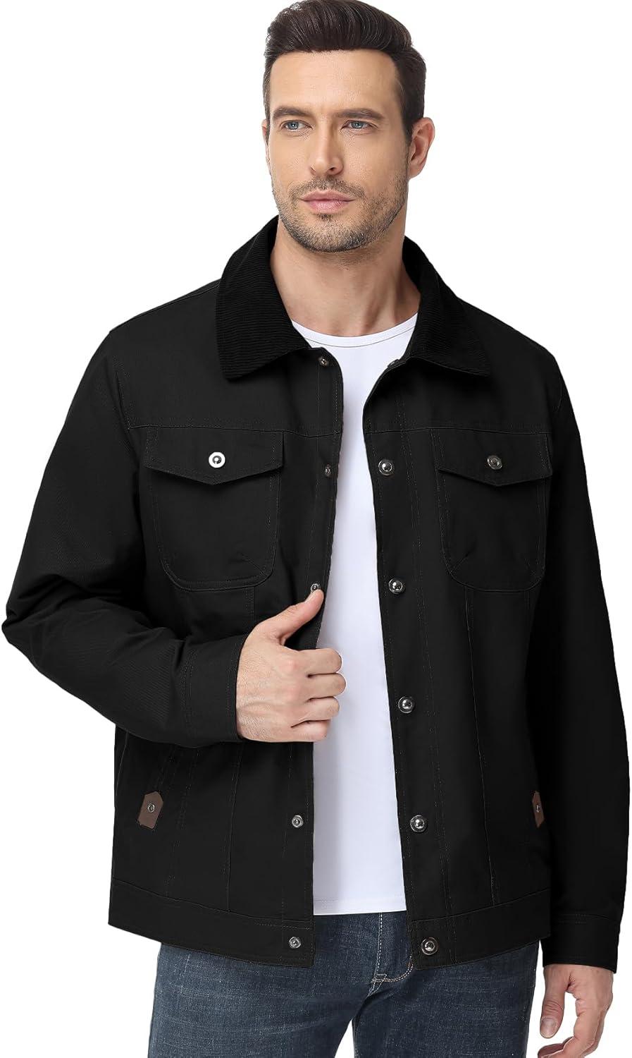 imageFlygo Mens Flannel Lined Shirt Jacket Cotton Corduroy Turndown Collar Snap Button Rugged Cargo Trucker Jacket Multi PocketsBlack