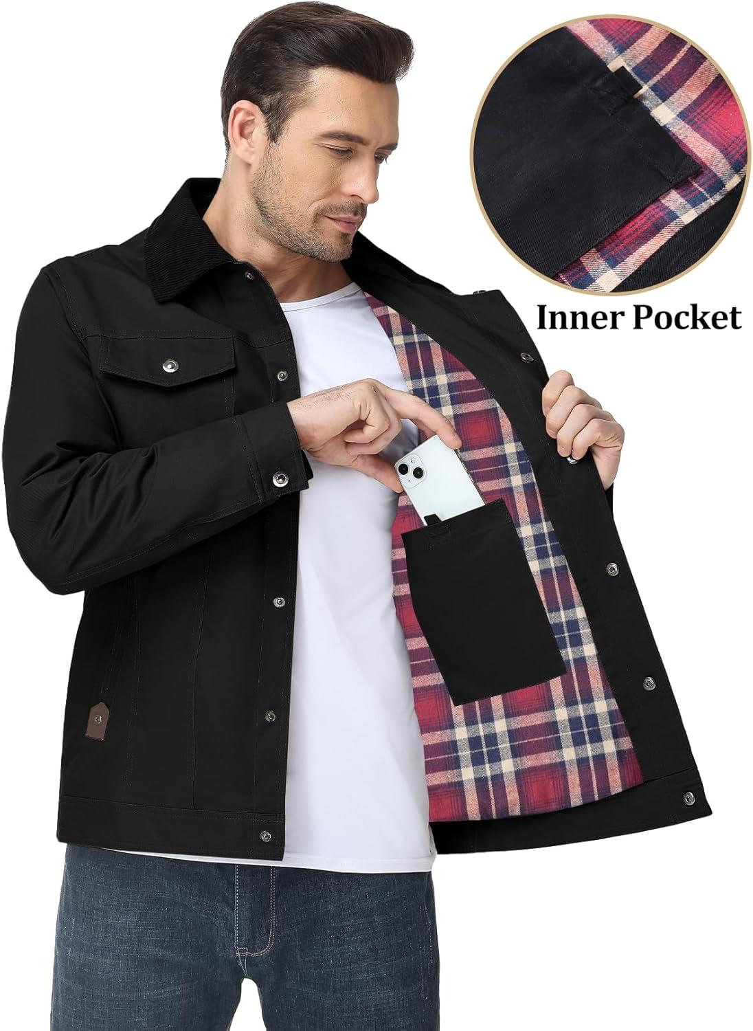 imageFlygo Mens Flannel Lined Shirt Jacket Cotton Corduroy Turndown Collar Snap Button Rugged Cargo Trucker Jacket Multi PocketsBlack