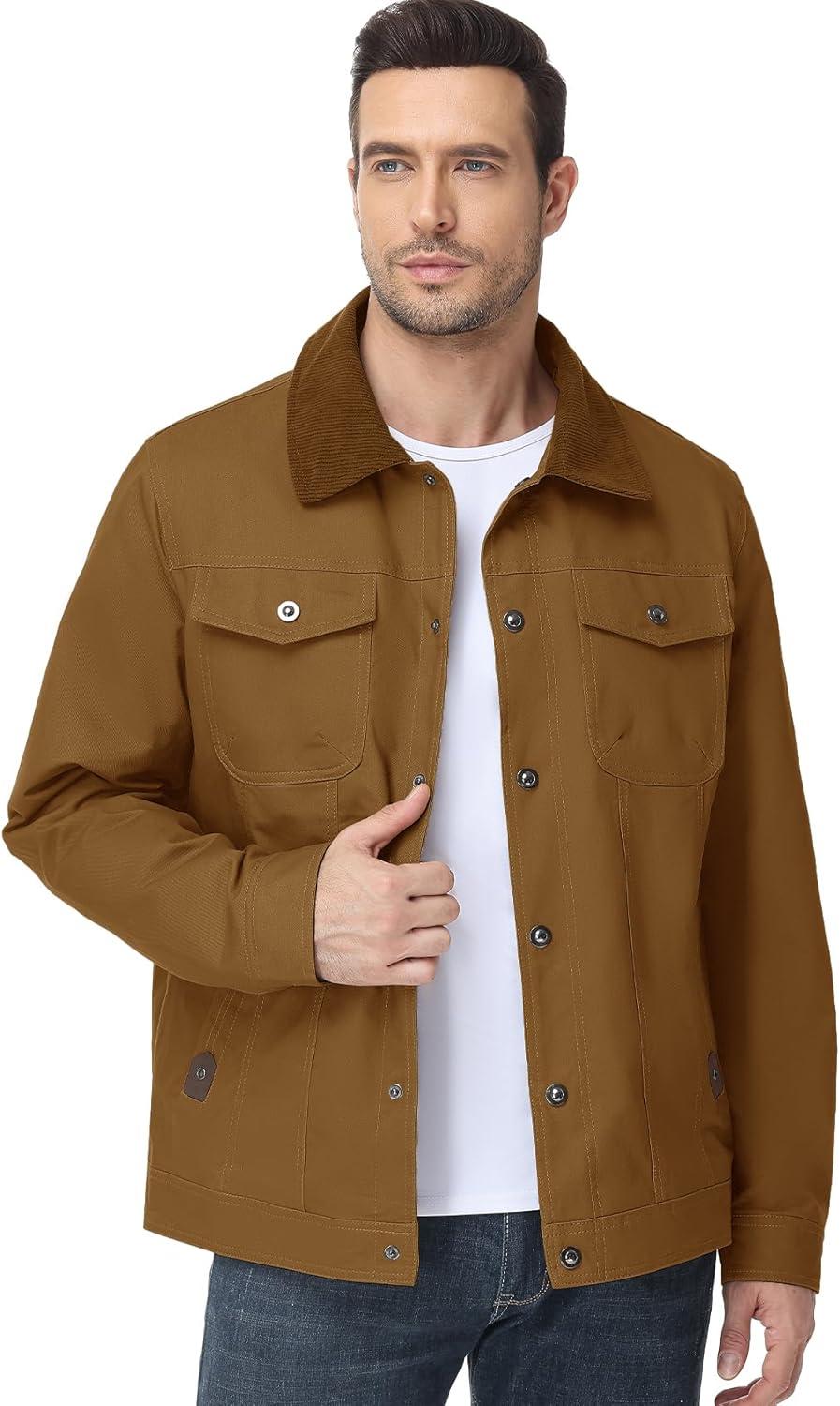 imageFlygo Mens Flannel Lined Shirt Jacket Cotton Corduroy Turndown Collar Snap Button Rugged Cargo Trucker Jacket Multi PocketsBrown