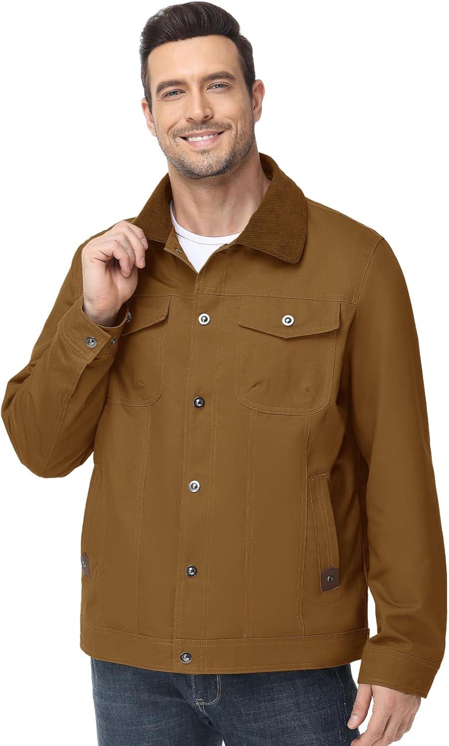 imageFlygo Mens Flannel Lined Shirt Jacket Cotton Corduroy Turndown Collar Snap Button Rugged Cargo Trucker Jacket Multi PocketsBrown