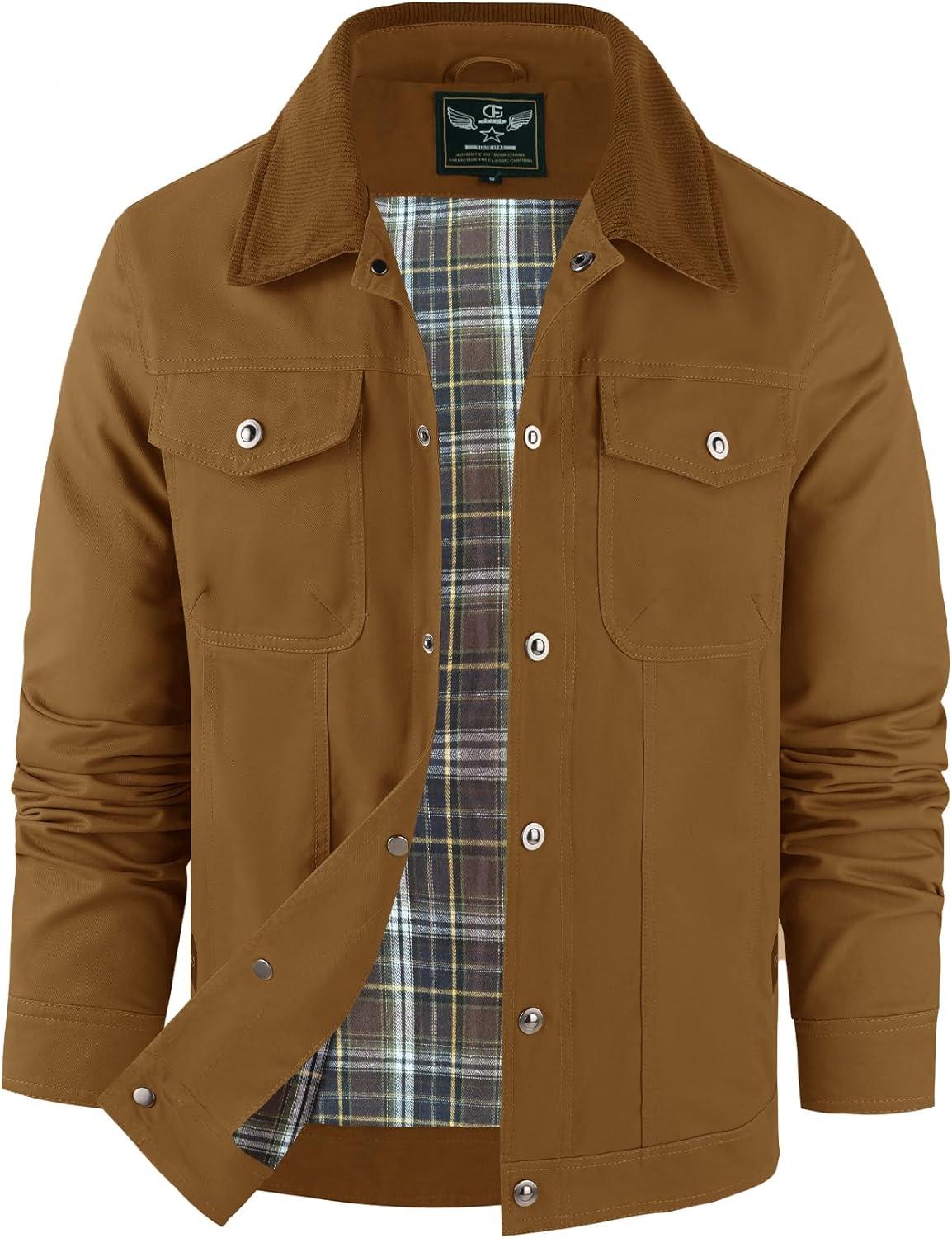 imageFlygo Mens Flannel Lined Shirt Jacket Cotton Corduroy Turndown Collar Snap Button Rugged Cargo Trucker Jacket Multi PocketsBrown