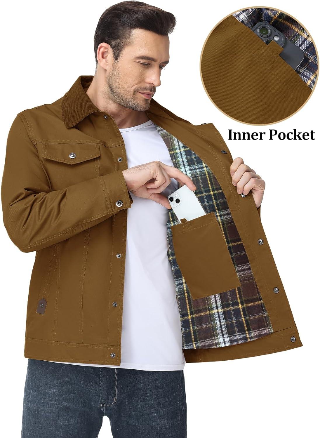 imageFlygo Mens Flannel Lined Shirt Jacket Cotton Corduroy Turndown Collar Snap Button Rugged Cargo Trucker Jacket Multi PocketsBrown