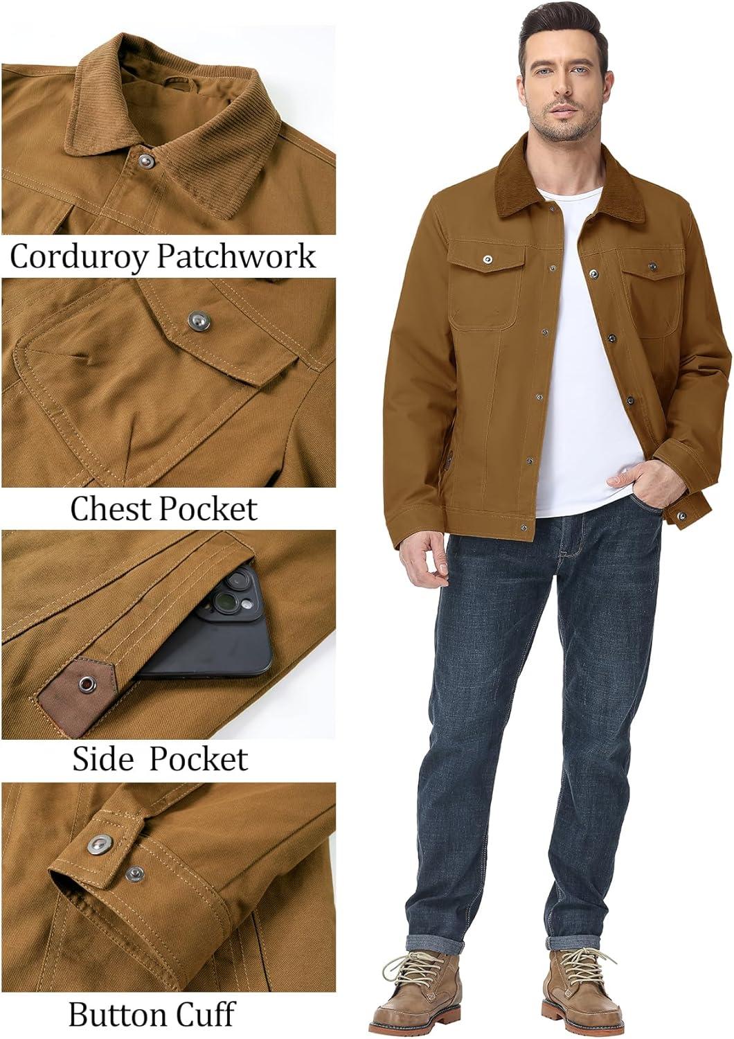 imageFlygo Mens Flannel Lined Shirt Jacket Cotton Corduroy Turndown Collar Snap Button Rugged Cargo Trucker Jacket Multi PocketsBrown