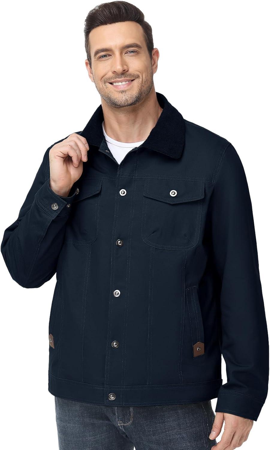imageFlygo Mens Flannel Lined Shirt Jacket Cotton Corduroy Turndown Collar Snap Button Rugged Cargo Trucker Jacket Multi PocketsNavyblue