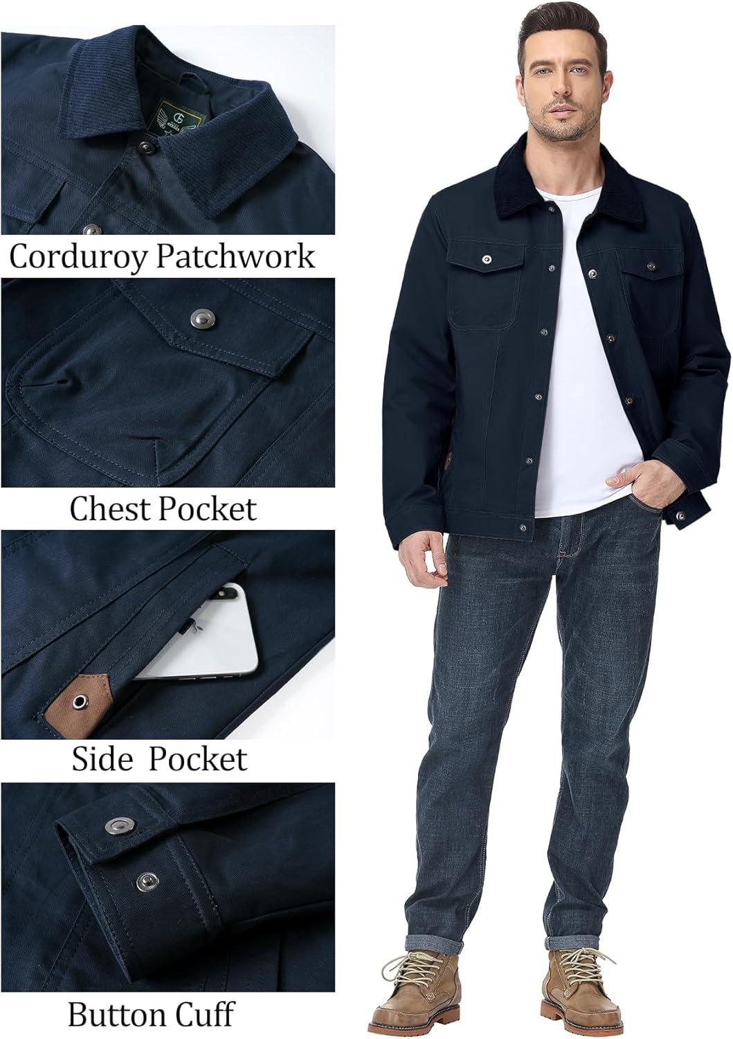 imageFlygo Mens Flannel Lined Shirt Jacket Cotton Corduroy Turndown Collar Snap Button Rugged Cargo Trucker Jacket Multi PocketsNavyblue