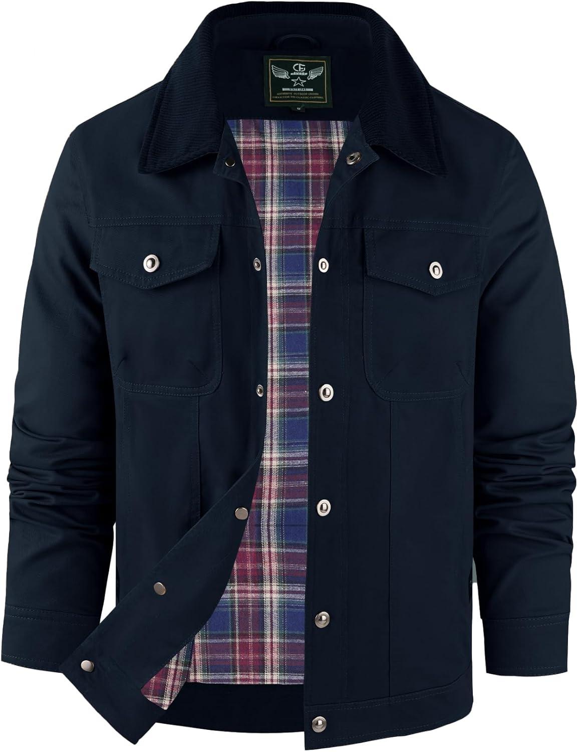imageFlygo Mens Flannel Lined Shirt Jacket Cotton Corduroy Turndown Collar Snap Button Rugged Cargo Trucker Jacket Multi PocketsNavyblue