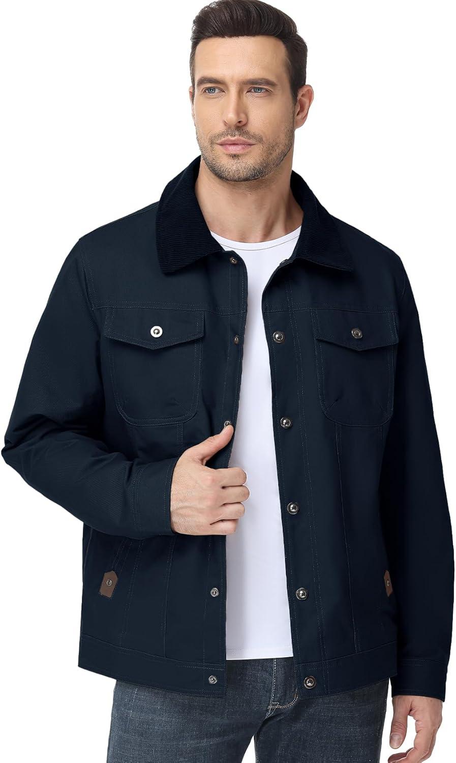 imageFlygo Mens Flannel Lined Shirt Jacket Cotton Corduroy Turndown Collar Snap Button Rugged Cargo Trucker Jacket Multi PocketsNavyblue