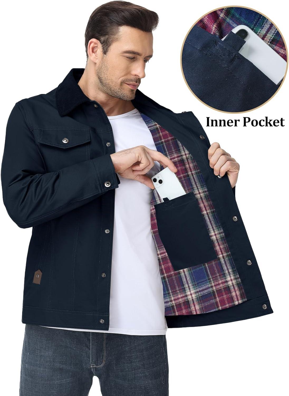 imageFlygo Mens Flannel Lined Shirt Jacket Cotton Corduroy Turndown Collar Snap Button Rugged Cargo Trucker Jacket Multi PocketsNavyblue
