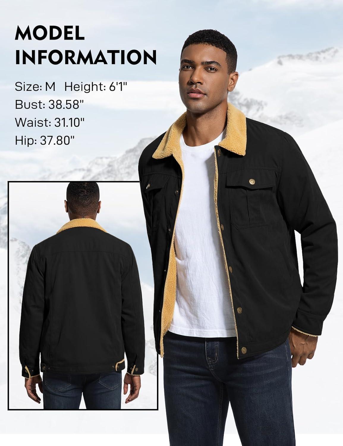 imageFlygo Mens Winter Jackets Sherpa Lined Fleece Trucker Jacket Thick Warm Lapel Work Cargo Coat OuterwearBlack