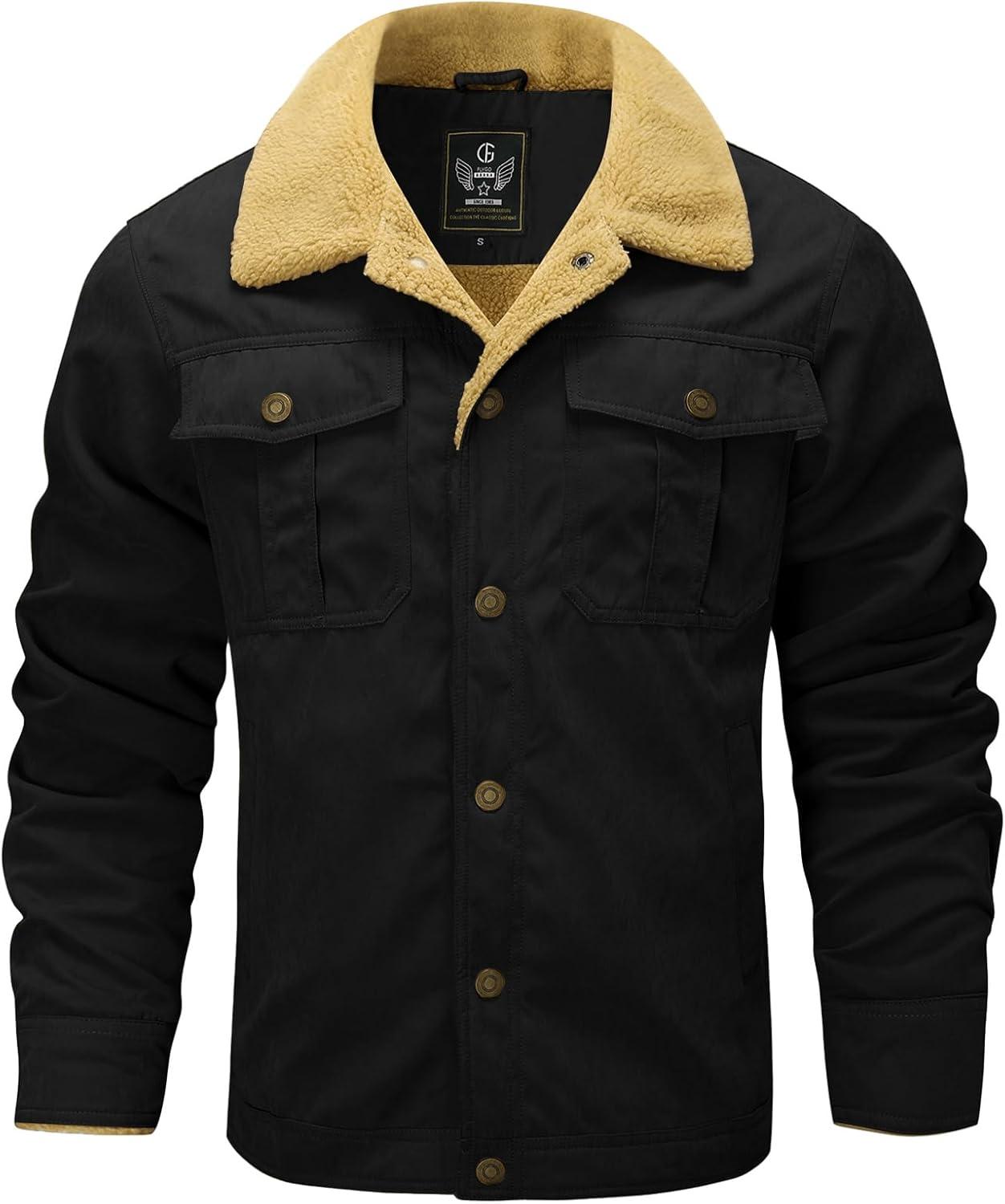 imageFlygo Mens Winter Jackets Sherpa Lined Fleece Trucker Jacket Thick Warm Lapel Work Cargo Coat OuterwearBlack