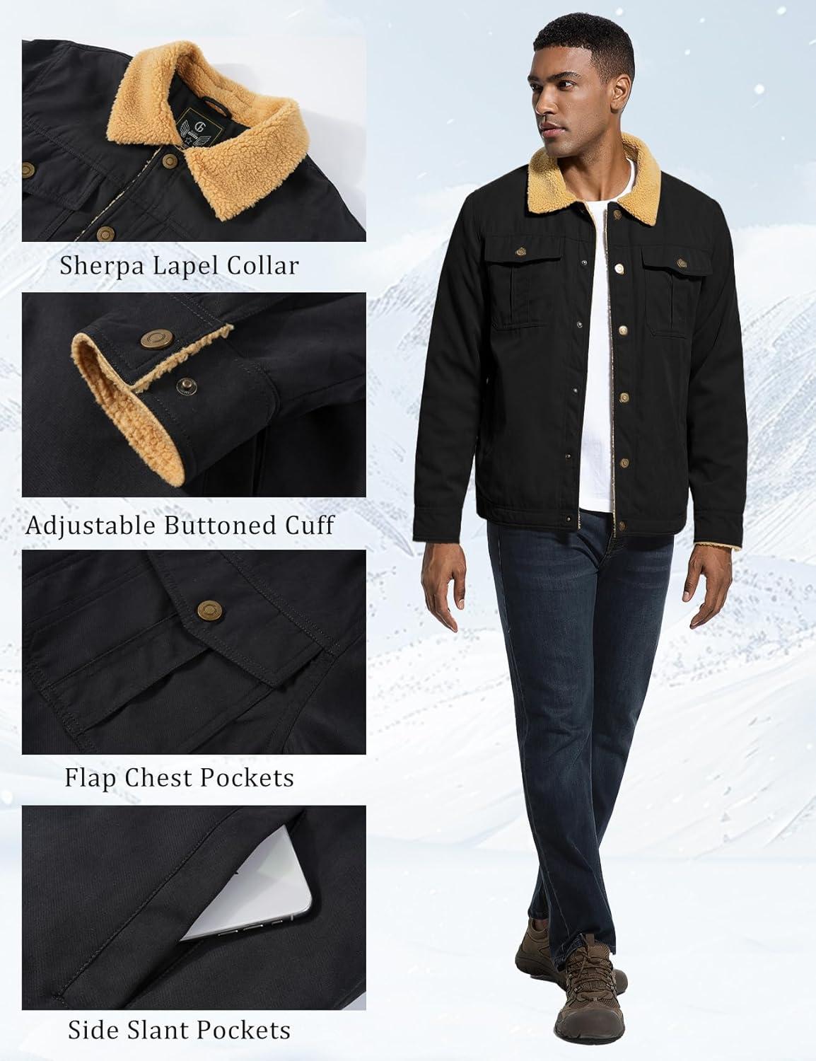 imageFlygo Mens Winter Jackets Sherpa Lined Fleece Trucker Jacket Thick Warm Lapel Work Cargo Coat OuterwearBlack