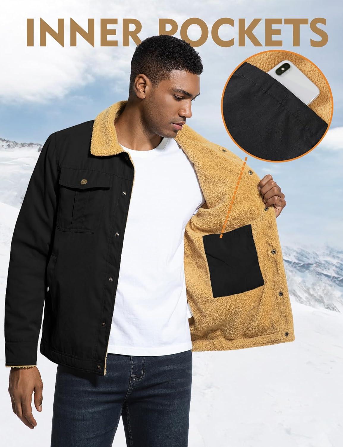 imageFlygo Mens Winter Jackets Sherpa Lined Fleece Trucker Jacket Thick Warm Lapel Work Cargo Coat OuterwearBlack
