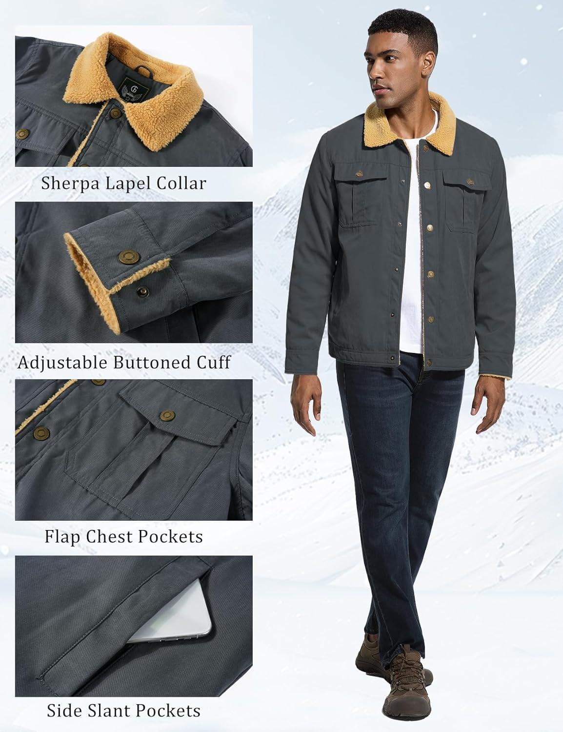 imageFlygo Mens Winter Jackets Sherpa Lined Fleece Trucker Jacket Thick Warm Lapel Work Cargo Coat OuterwearDark Grey