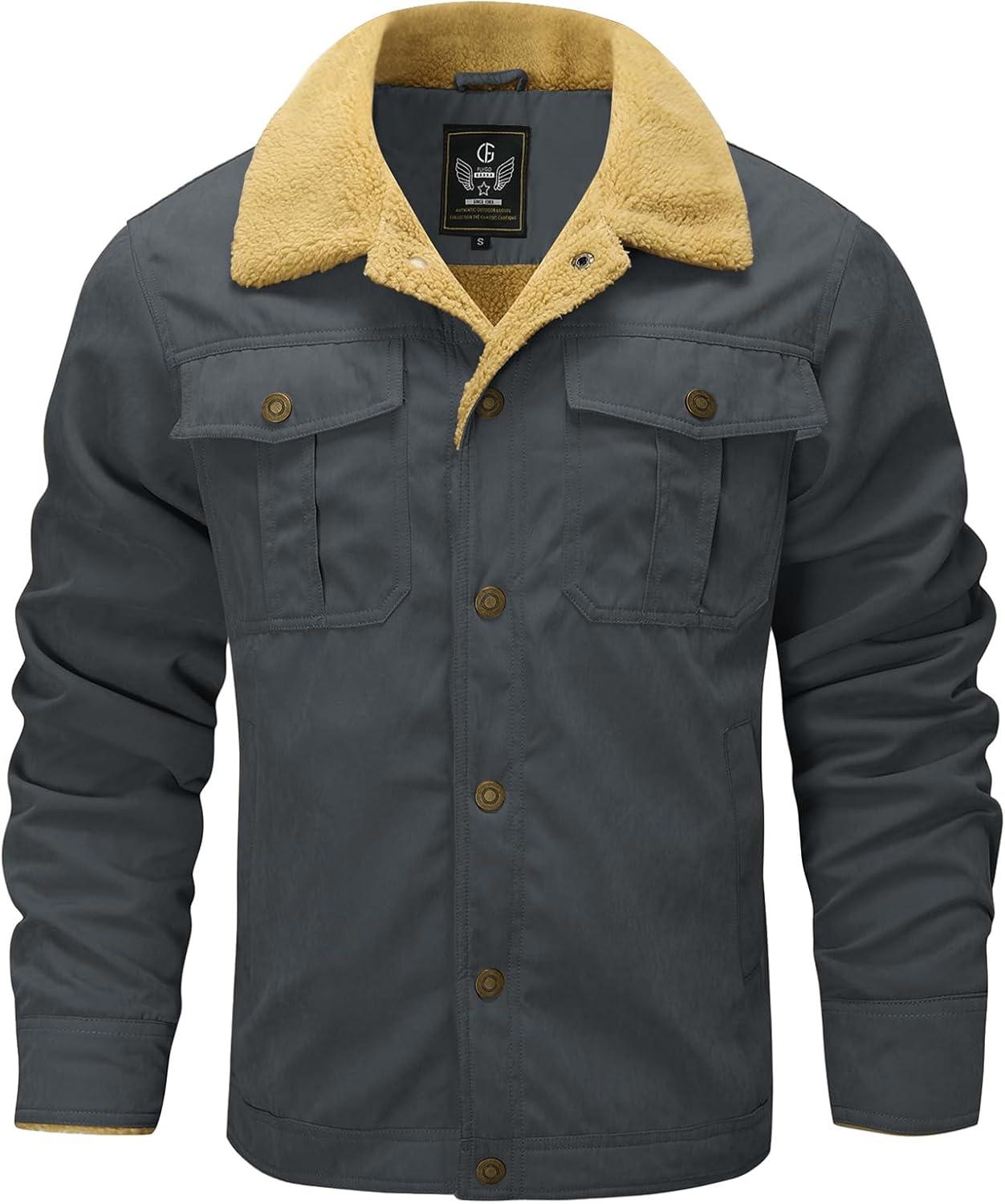 imageFlygo Mens Winter Jackets Sherpa Lined Fleece Trucker Jacket Thick Warm Lapel Work Cargo Coat OuterwearDark Grey